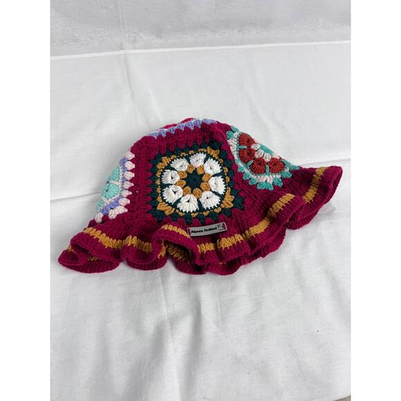 Alpaca Knitted Granny Square Bucket Hat Grannycore Cottagecore Y2K Boho Hippie - Picture 1 of 4